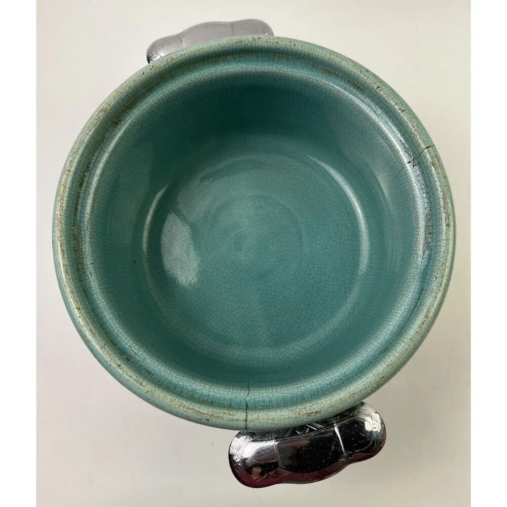 Vintage Faberware Turquoise Ceramic Covered Casserole Dish W/Metal Holder Below: